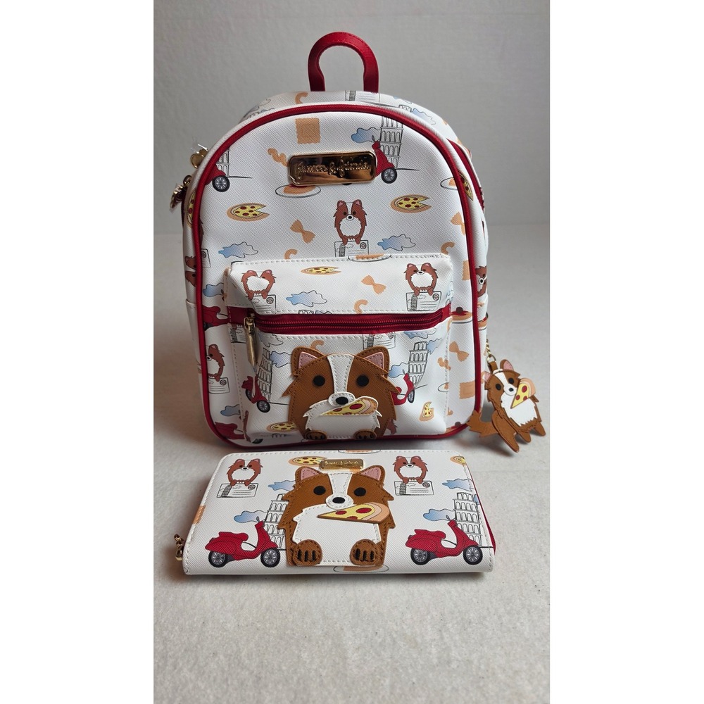 James & Friends Corgi in Italy Mini Backpack and Wallet Set Pizza Travel White